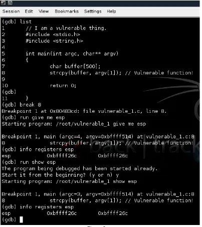 Figure 6.Using the “list” command in gdb we take a look at the source code, than we put a breakpoint ad the 
