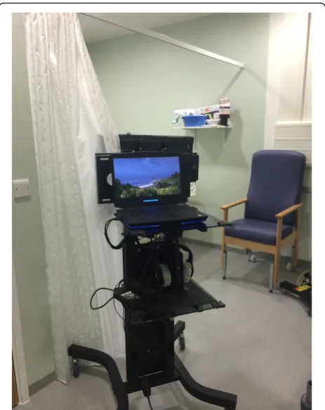 Fig. 1 Virtual restorative environment therapy (VRET) system in situ,viewed from the rear
