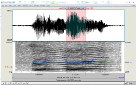 Figure 2.4. Spectrographic example of subharmonics within a vocal segment. Cursors have 