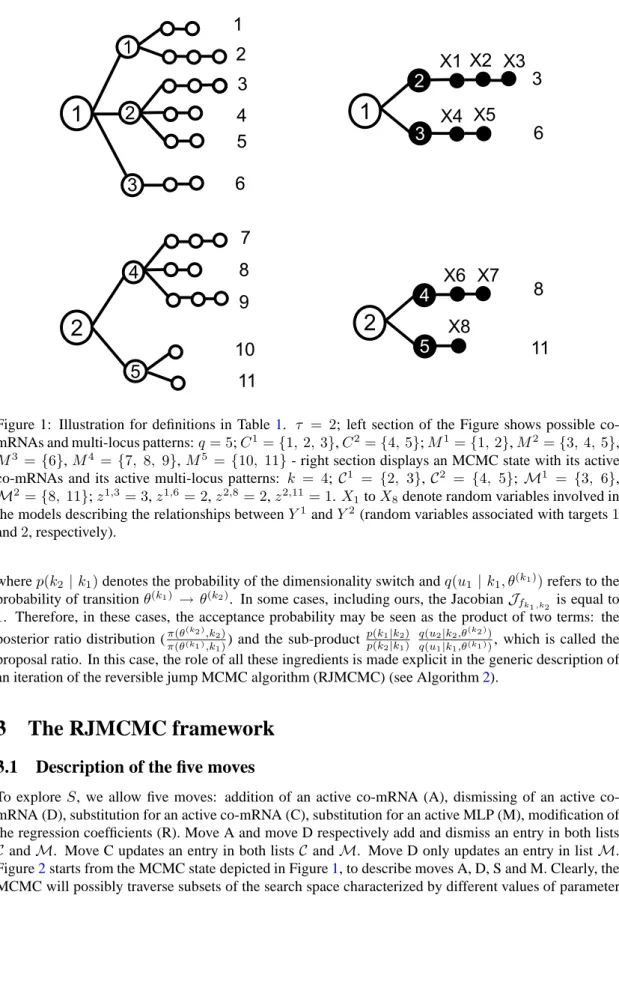 Figure 1: Illustration for definitions in Table 1. τ = 2; left section of the Figure shows possible co- co-mRNAs and multi-locus patterns: q = 5; C 1 = {1, 2, 3}, C 2 = {4, 5}; M 1 = {1, 2}, M 2 = {3, 4, 5}, M 3 = {6}, M 4 = {7, 8, 9}, M 5 = {10, 11} - rig