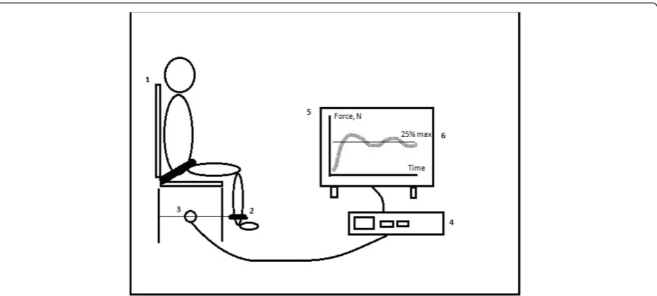 Fig. 3 Study setup for biomechanical measurements of the lower limbs. 1: Custom-made chair, where the participant will be seated, back straight, with 90