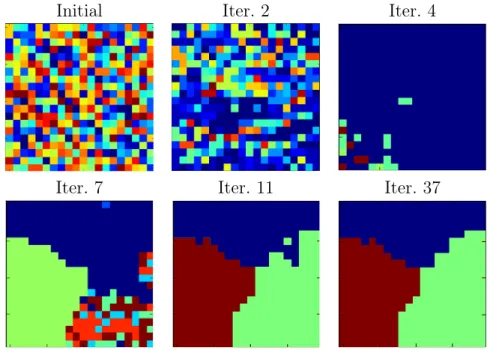 Figure 4.8: Parcellation estimates for Exp. 2 using the NP-JPDE model along successive iterations (grid size = 20 × 20).