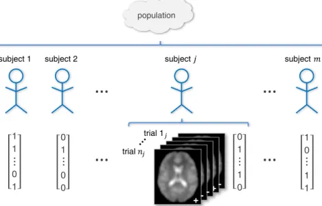 Fig. 1. Overview of the outcomes generated by a classiﬁcation group study. In a trial-by-trial classiﬁcation analysis, a classiﬁer is trained and tested, separately for each subject, to predict a binary label (+ or −) from trial-wise correlates of brain ac