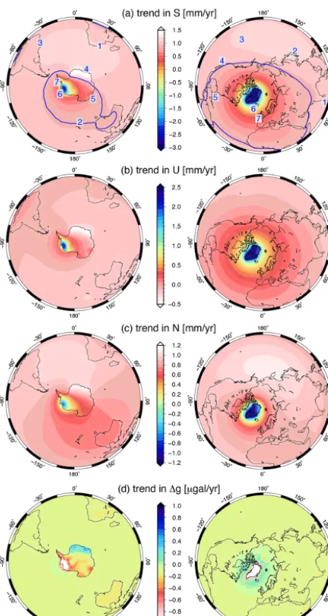 Figure 4. Some important geodetic signatures of ice sheets dur-ing the GRACE period. Rates of change in (a) relative sea level,(b) solid-earth deformation, (c) absolute sea level, and (d) abso-lute gravity
