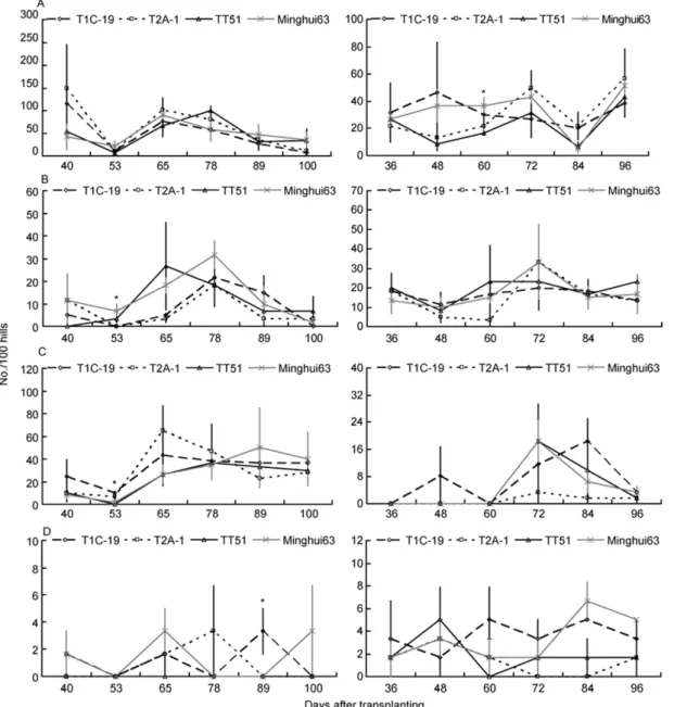 Figure 2    The population dynamics of the four arthropod predator arthropods (No./100 hills) on the three transgenic Bt rice lines and non-transgenic Ming- Ming-hui 63 at Xiaogan site in 2009 (left) and 2010 (right)
