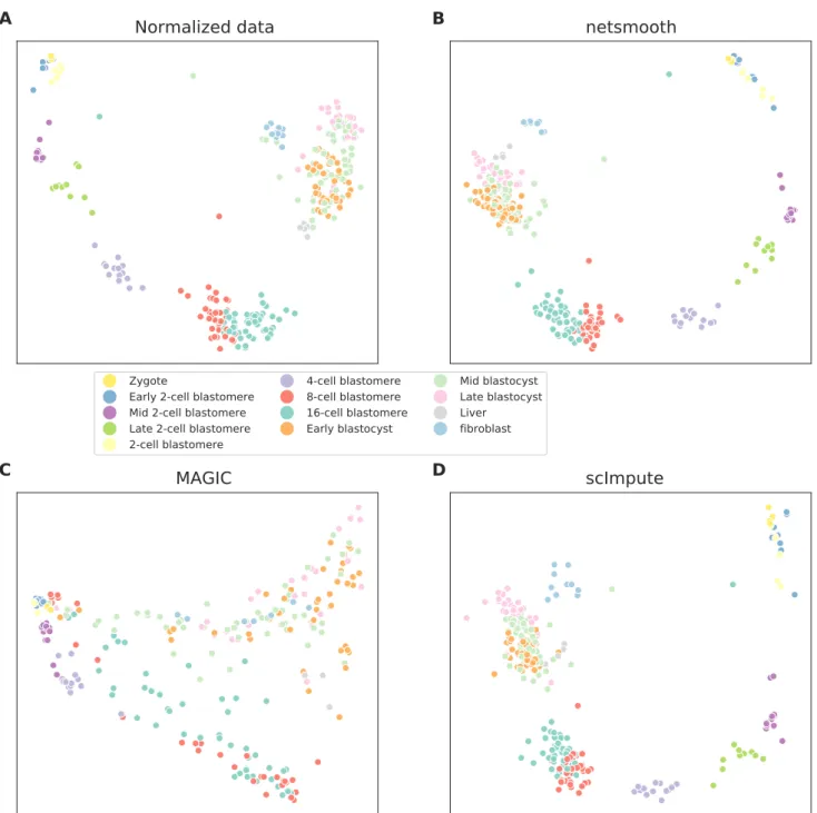 Figure 4. 2D PCA plots of the embryonic development dataset A) no preprocessing, B) after application of netSmooth, C) after imputing missing values with scImpute, and D) after application of MAGIC