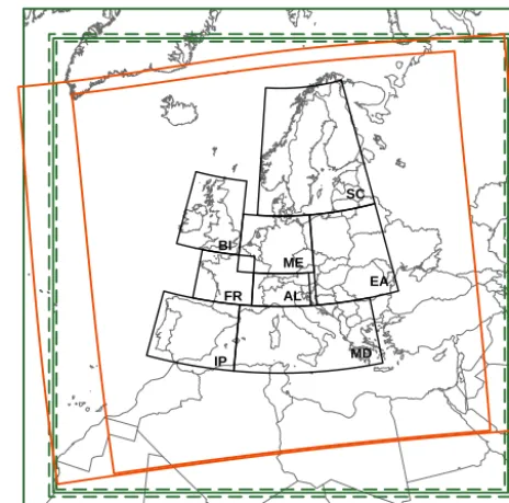 Figure 1. Domain boundaries of the used integration grids. TheCORDEX community prescribes the rotated lat–long EURO-CORDEX domain (inner orange box) which is completely encom-passed by the E-OBS domain (outer orange box)