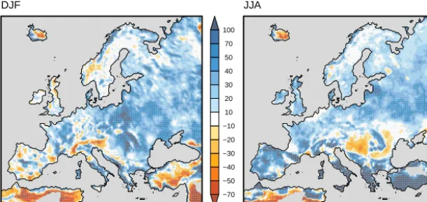 Figure 4. Spatial BIAS of precipitation (%) over the sample IK14 for DJF (left) and JJA (right) for RMIB-UGent-11