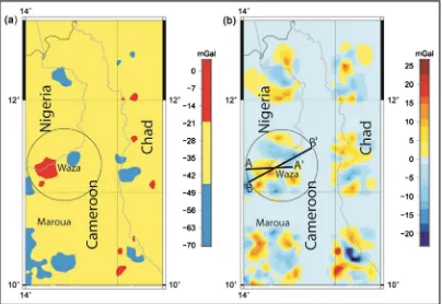 Figure 2. (a) Bouguer gravity anomaly map of North Cameroon; (b) This isostatic residual gravity anomaly map, superimposed on it are the selected profiles A-A’ and B-B’ used for the modeling