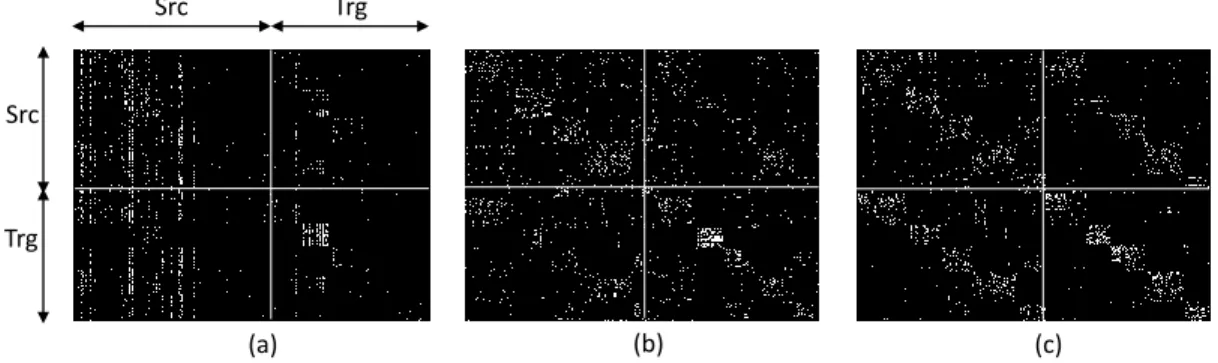 Figure 2.5: Assesing the quality of feature subspace by constructing similarity matrix using projected source and target domain data (from 5 different classes) for sub-problem C → A using (a) original feature space, (b) TJM and (c) iterative QMI-S.