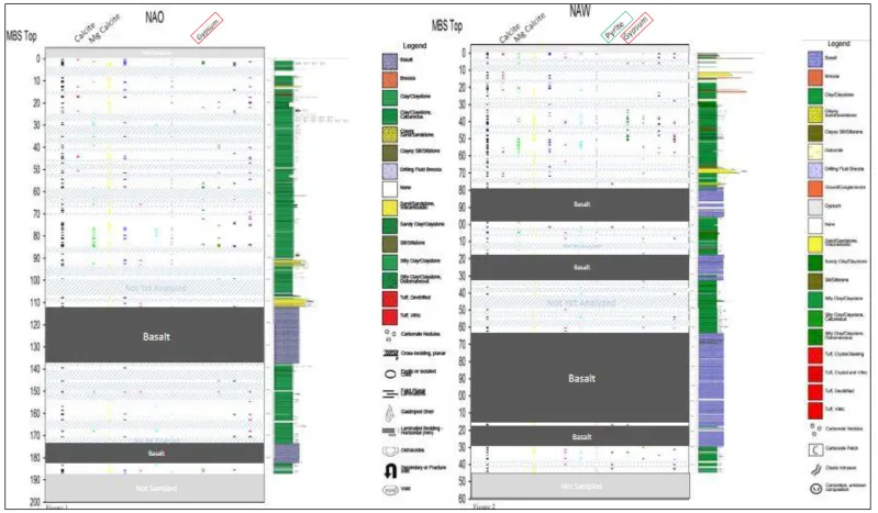 Figure 1-1. Mineralogical plots of NAO and NAW drill core sections from HSPDP. (Davis et al., 2017) 