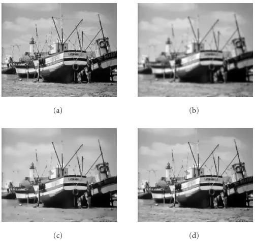 Figure 2: Image evolution of (a) the original image under (b) the heat ﬂow, (c) Perona-Malik ﬂow, and (d) the total variation ﬂow.