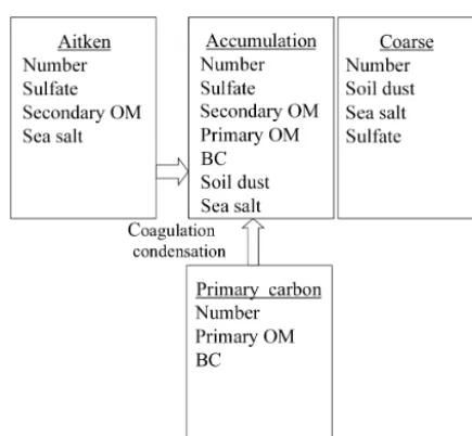 Figure 1. Schematic of aerosol modes and associated aerosol trac-ers in MAM4.