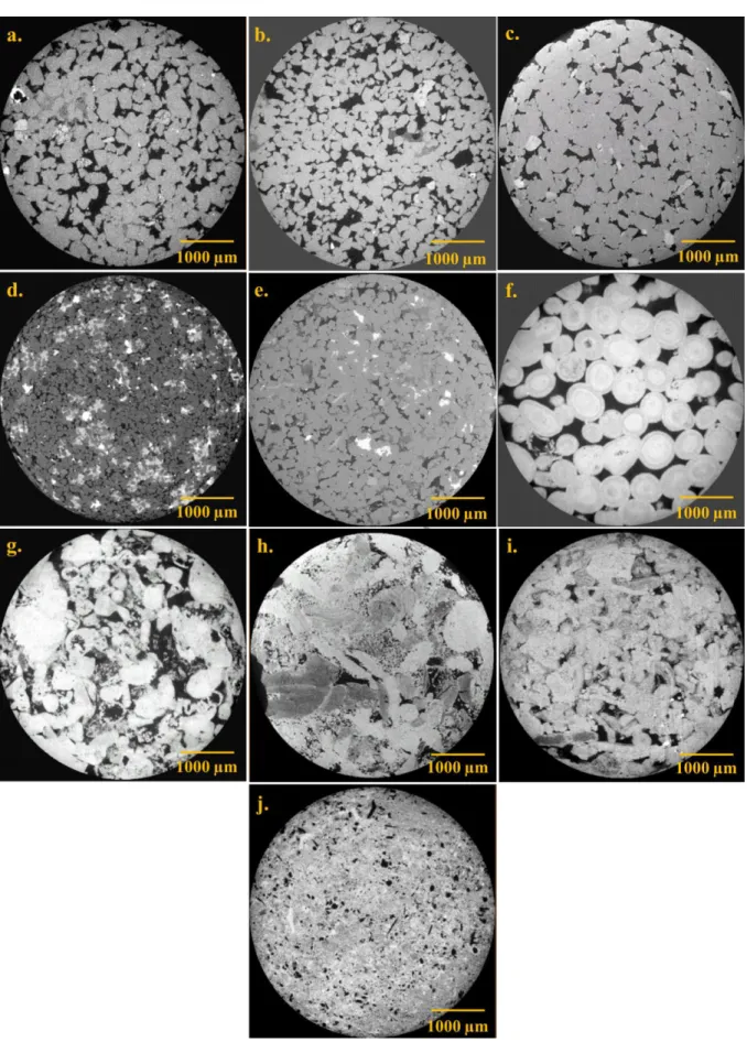 Figure  1  Two-dimensional  cross-section  of  three  dimensional  micro-CT  images  of  different  sandstones  and  carbonates  samples  scanned  at  voxel  resolution  of  4.4  µm