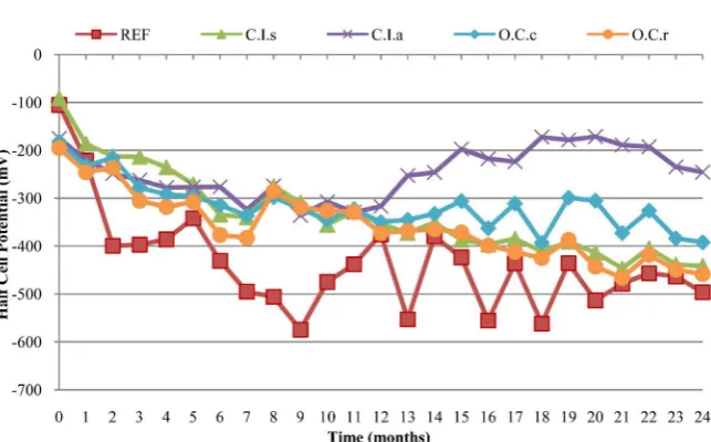 Figure 3. Half-Cell Potential versus time (months) of exposure in NaCl solution.
