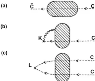 Figure 5. The three types of divergent diagram which involve external ghost lines. Arbitrarily many gravitons may emerge from each of the central regions,(a) Ghost action type,(b) K type, (c) L type
