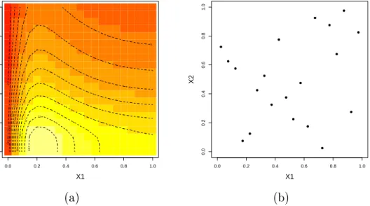 Figure 2.5 (a) presents the simulator (2.20) over the input space. The training data are composed of 20 points selected by a Latin hypercube sampling, Figure 2.5 (b)
