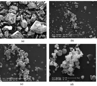 Figure 6. SEM images of pure HPβ-Cyclodextrins Powder with magnifications; (a) =100×; (b) =500×; (c) =1000× and (d) =5000×