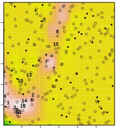 Figure 13: The expected improvement surface and top 20 ordered locations, for g = 5.