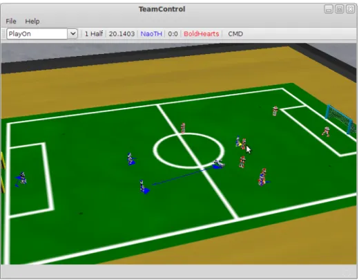 Fig. 2. The TeamControl is used to monitor team behavior. In the shown screenshot you can see the positions of the robots on the field and their intended motion direction illustrated by arrows.