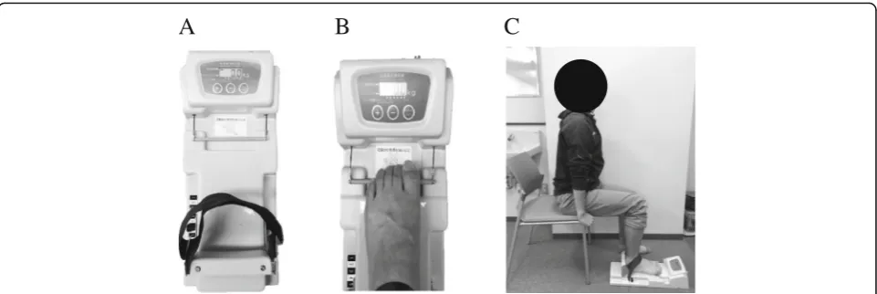 Fig. 3 Measurement of toe grip strength:edge of their seat keeping their trunk in a vertical position, with both hands holding the chair and the hip and knee joints bent to a A toe grip dynamometer (T.K.K