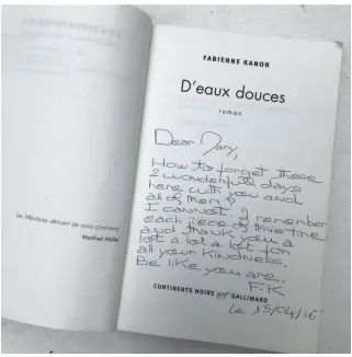 Figure 1:  Fabienne Kanor inscription in my copy of D’eaux douces book 