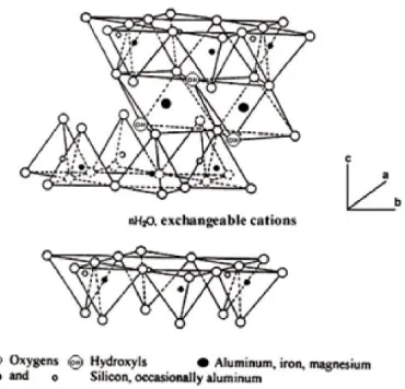 Figure 9: This figure is adapted from Moore and Reynolds (1997). This schematic diagram shows the internal crystal structure of the expandable phyllosilicate mineral, smectite
