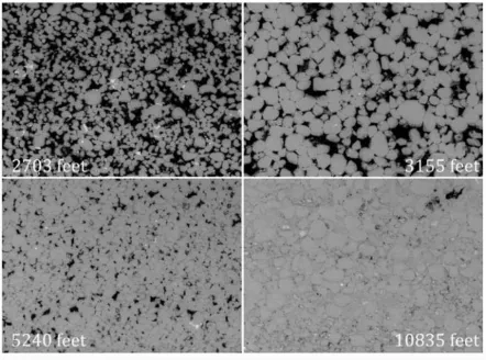 Figure 12: BSE images from Anovtiz et al. (2017) demonstrating the effect of cementation and decrease in porosity with depth with the St