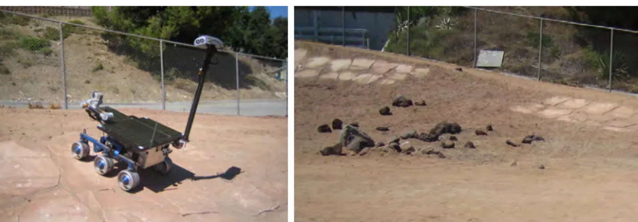 Figure 2.6: The Mars prototype rover Pluto in the JPL Mars Yard (left). An image showing the types of terrains available in this dataset (right).