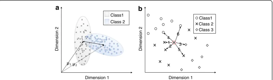 Fig. 1 Illustration of a two-dimensional feature space. Inset a shows the distance between two classes in a two-dimensional features space