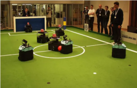 Figure 2.3: Kickoff at a RoboCup game in the medium-size robot league.
