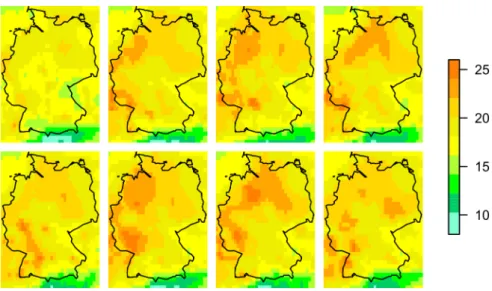 Figure 1.2: 24 hour ahead ensemble forecast for temperature (in ◦ C) over Germany, valid 2:00 am on 3 July 2010