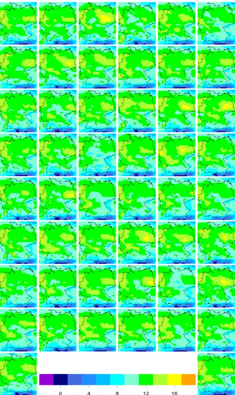 Figure 4.4: 24 hour ahead 50-member ECMWF raw ensemble forecast for temperature (in ◦ C) on a grid over Germany, valid 2:00 am on 23 April 2011.