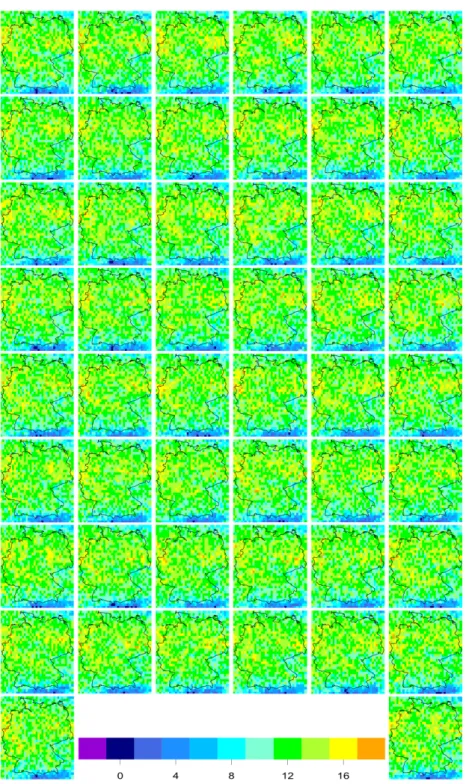 Figure 4.5: 24 hour ahead 50-member individual BMA ensemble forecast for temperature (in ◦ C) on a grid over Germany, valid 2:00 am on 23 April 2011.