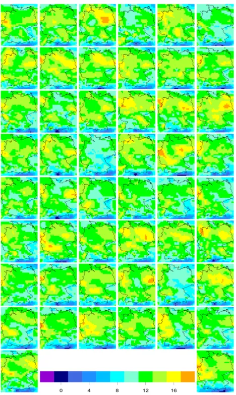 Figure 4.6: 24 hour ahead 50-member ECC ensemble forecast for temperature (in ◦ C) on a grid over Germany, valid 2:00 am on 23 April 2011.