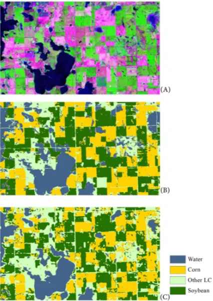 Figure 3. A comparison between a July 14 false color 6-5-4 Landsat 8 image composite (A), the Crop Data Layer (CDL) map (B) and the resulting classification (C) of the stacked May and July images