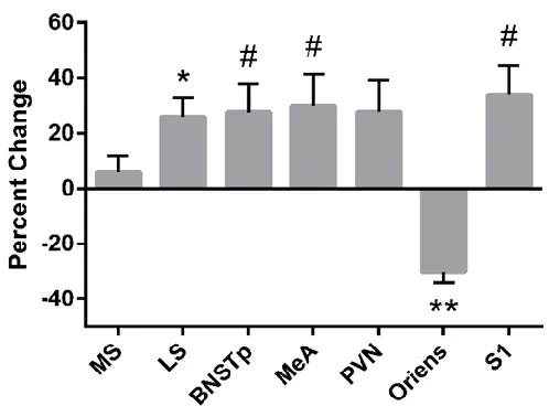 Figure 3.5 Average microglial cell size was increased in most brain regions of clodronate-treated pups, but was reduced in the hippocampal oriens