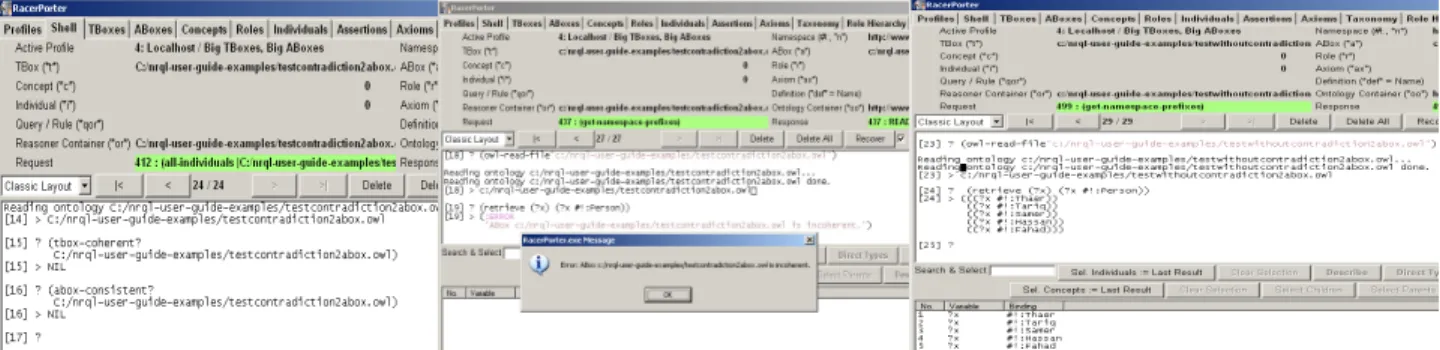 Figure 3. RacerPro 2 outputs for consistent, coherent, and instance retrieval checks. 