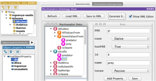 Fig. 4. Screenshot of the plugin with a section of the isiZulu African Wildlife Ontology (left), the positionalist representation (middle), and annotations (right), showing the prey role in the relationship ukudla ‘to eat’, with passive tense and yi ‘by’.