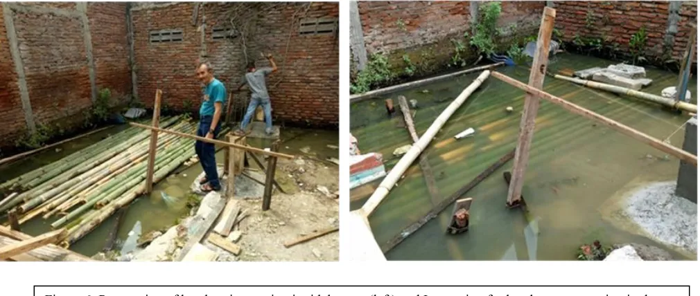 Figure 6: Preparation of bamboo immersion in tidal water (left) and Immersion for bamboo preservation in the location of the stage house (right) 