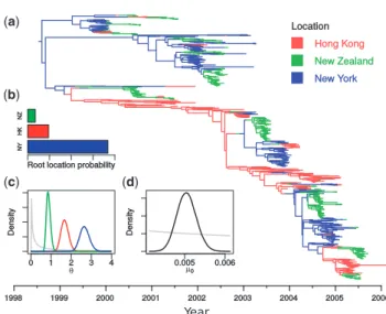 Figure 5 summarizes some of the results of this analysis, including the maximum sampled posterior tree, and posterior distributions for the root location, the subpopulation sizes y and the molecular clock rate m 0 