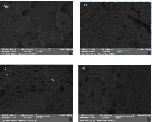 Fig. 5: Scanning electron micrographs of a) PAW-Al13, b) AAW-Al13 40 %, c) AAW-Al13 60 % and d) AAW-Al13 80 % samples