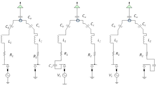 Figure 2- 5. Equivalent circuit model to neighboring pins with delta to Y transfer with (a)  non-defective pins (b) open defect on tested pin (c) open defect on neighboring pin 