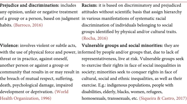 Table 9. Diversities and vulnerabilities axis of Social Dimension Analysis Script (SDAS) and its elements: prejudice and discrimination, racism, violence, vulnerable groups and social minorities and cultural diversity