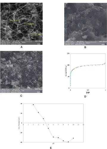 Fig. 1: SEM images of A) MWCNT, B) carbon composite, C) MW-g-C, D) N2 adsorption–desorption isotherms plots and E) zeta potential of MW-g-C.