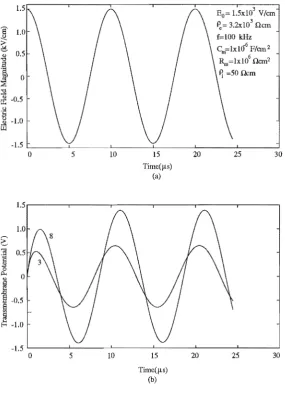 Figure 3.11 brane (a) 100kHz symmetrical sinusoidal pulse applied electric field. (b) Induced transmem-potentials