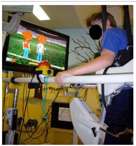 Figure 1 Robotic assisted gait training (RAGT). Child on the pediat-ric Lokomat with the display presented to the subjects during VR Soc-cer condition.