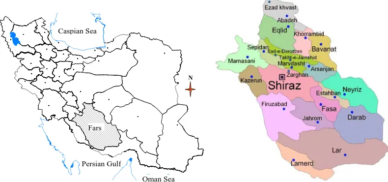 Figure 1. Study area: Map of Iran (left) and the various counties within the province of Fars (right).