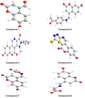 Fig. 1: Optimized 3D geometrical structures for compounds: 1,3, 4, 6,7 and 8.