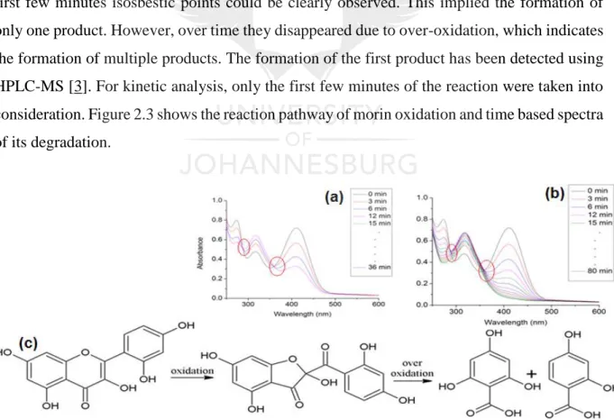 Figure  2.3:  (a)  Spectra  of  oxidation  of  morin  as  model  reaction  signified  by  formation  of  isosbestic points, circled in red and (b) its over-oxidation to more than one product, shown by 